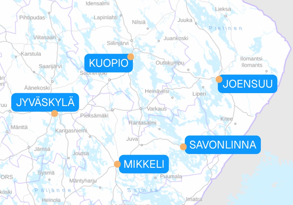 Kuvassa karttapohja, johon on merkitty Kuopio, Joensuu, Savonlinna, Mikkeli ja Jyväskylä