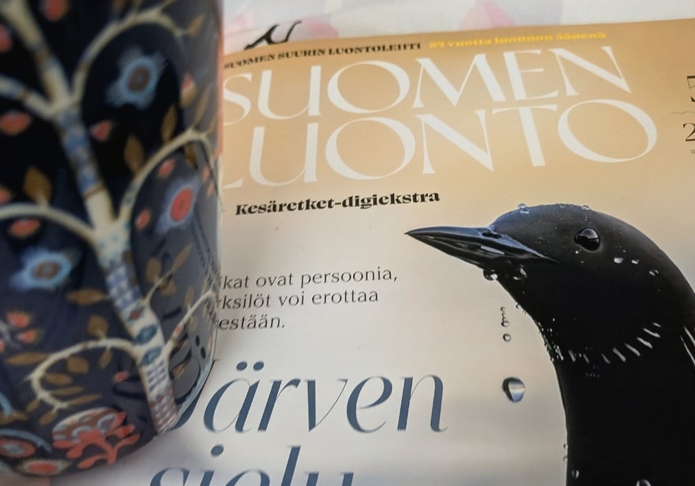 Kuvassa Suomen luonto -lehden kantta ja kahvikuppi
